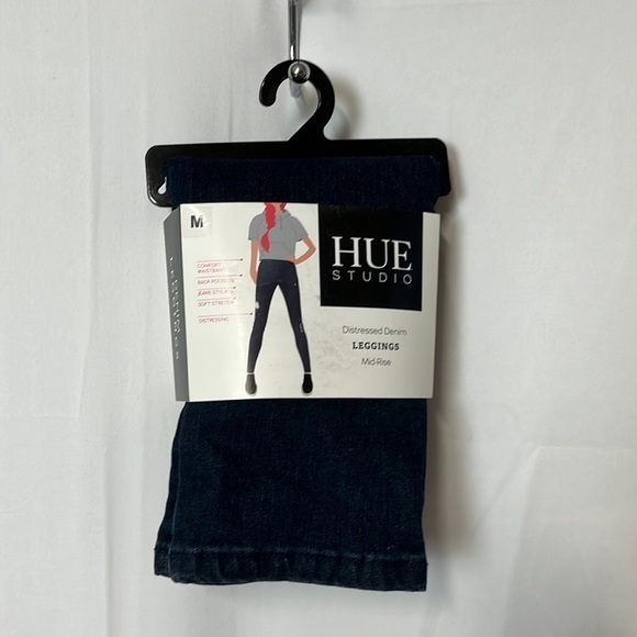 HUE Pants - Hue studio distressed, denim, mid rise, leggings.
